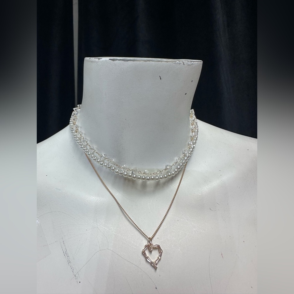 Elegant Pearl and Crystal 3 Tier Choker Heart Necklace
